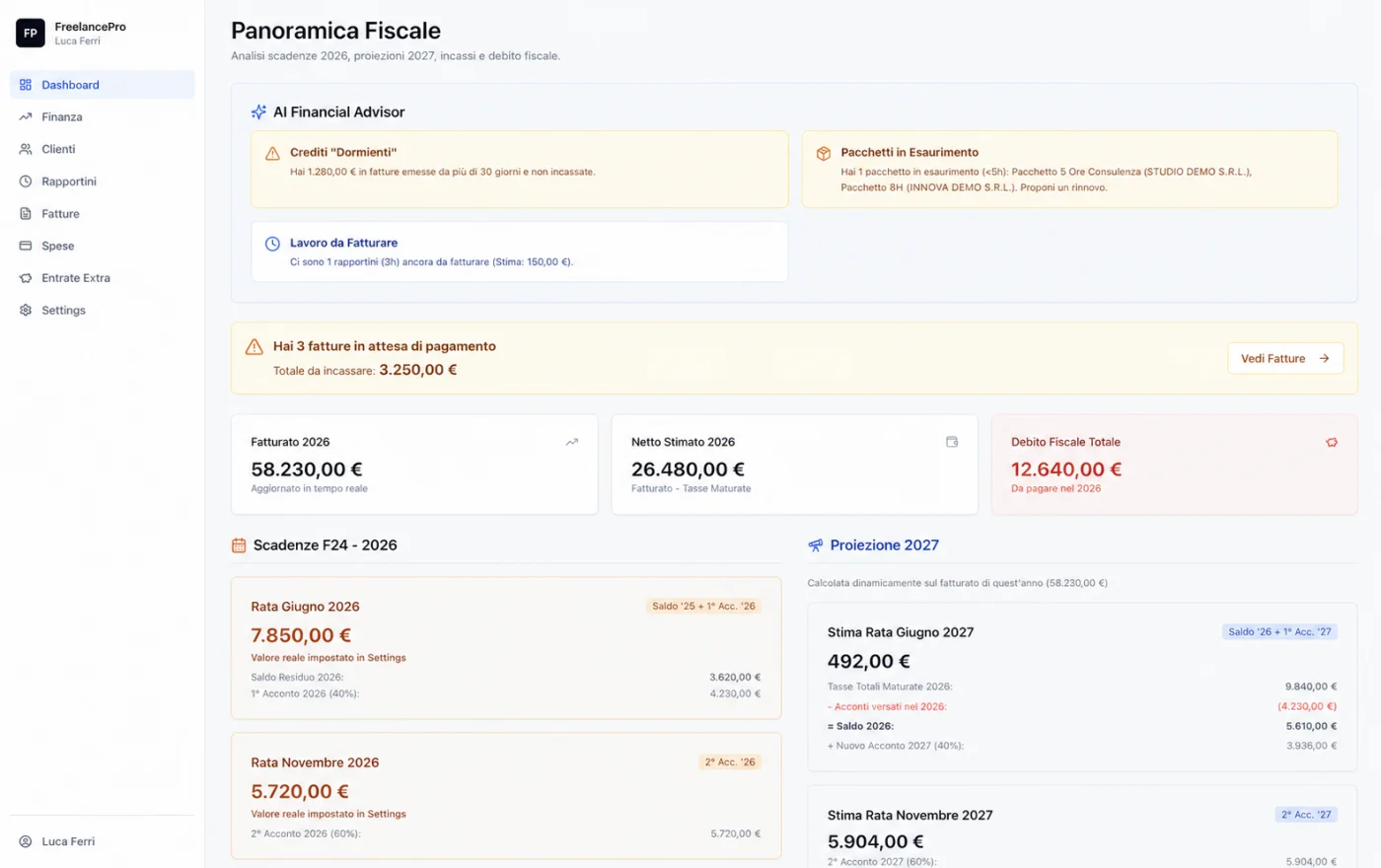 Dashboard FreelancePro con fatturato, incassi, stime fiscali e liquidità