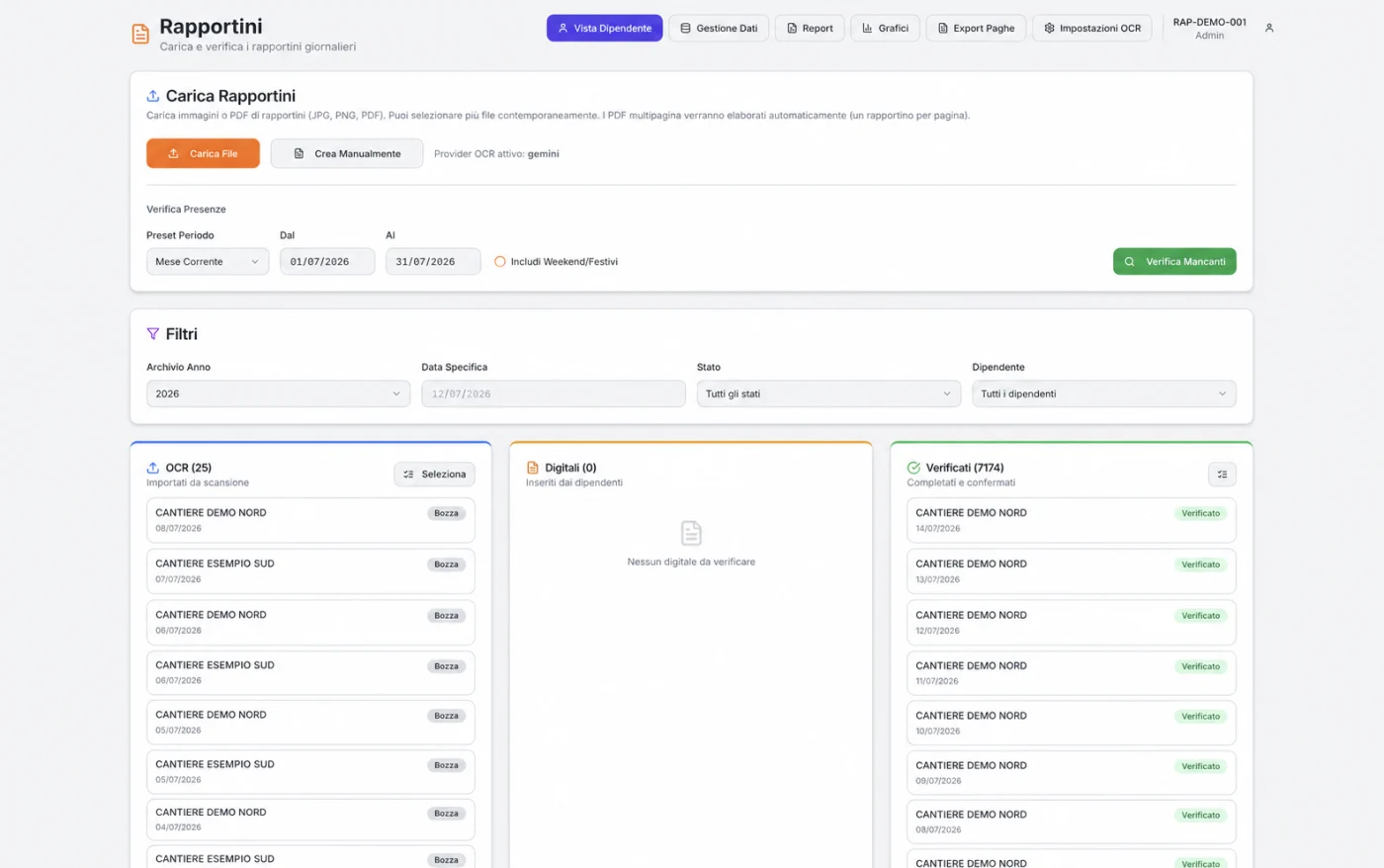 Dashboard di carica e verifica rapportini con OCR
