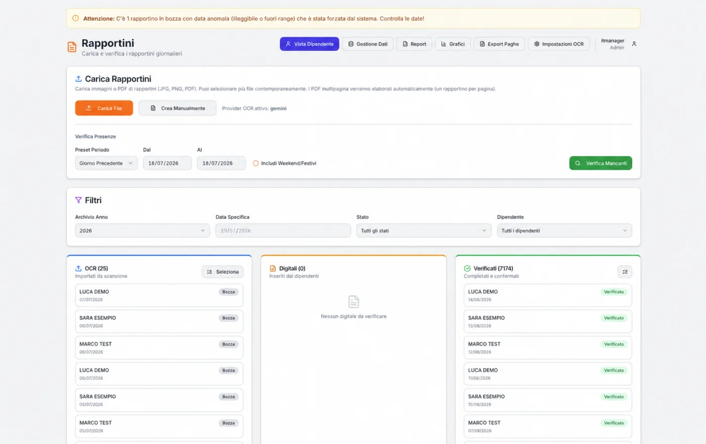 Verifica presenze e rapportini importati da scansione