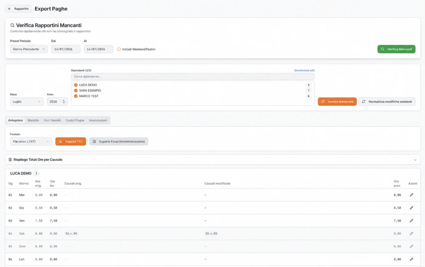 Export paghe con verifica rapportini mancanti