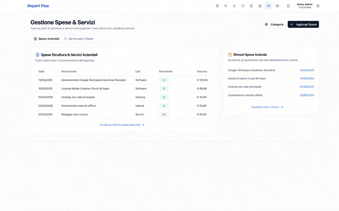Gestione spese e servizi con scadenze rinnovi