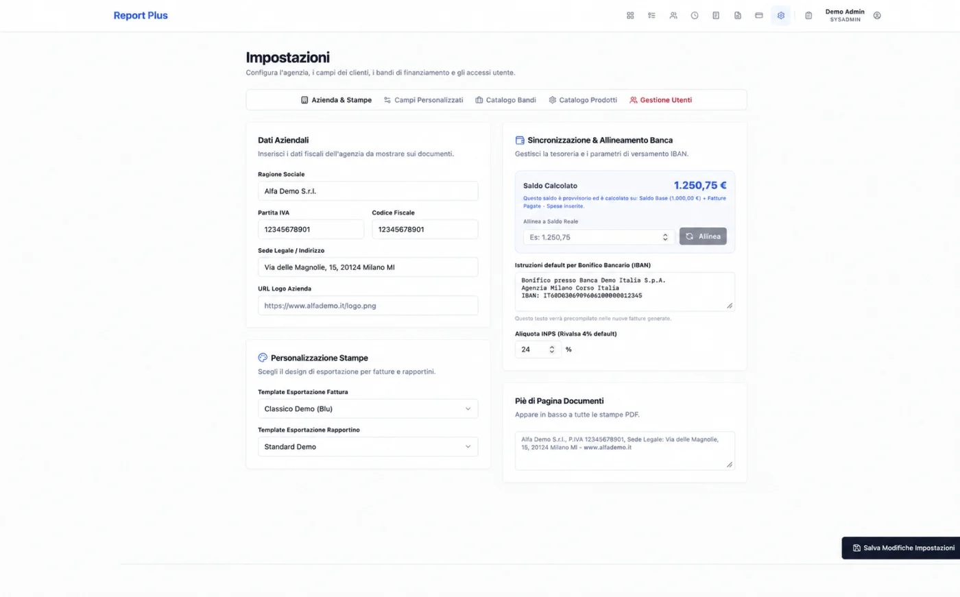 Impostazioni: dati fiscali, banca e template di stampa