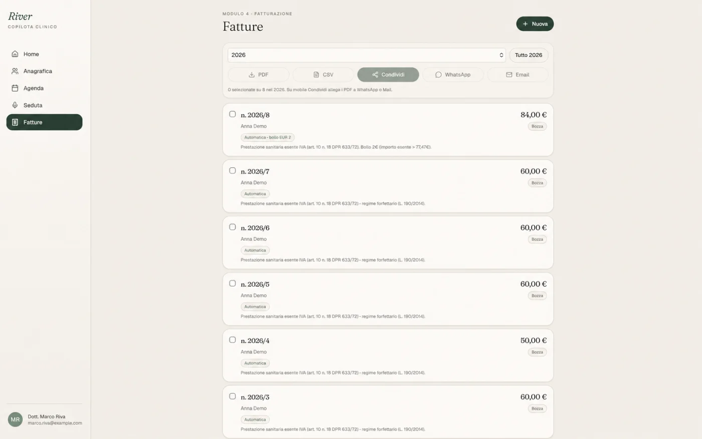 Elenco fatture con condivisione WhatsApp ed email