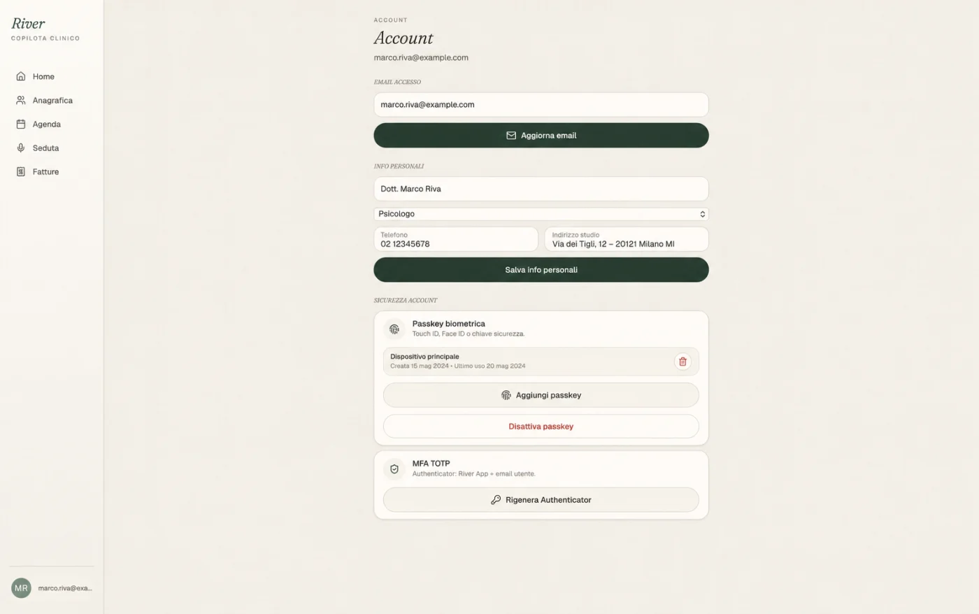 Account: email, passkey biometrica e MFA