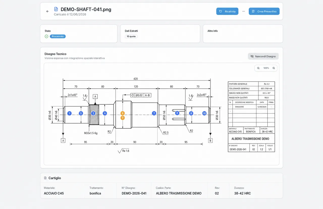 Dashboard demo per preventivi automatici da disegni tecnici